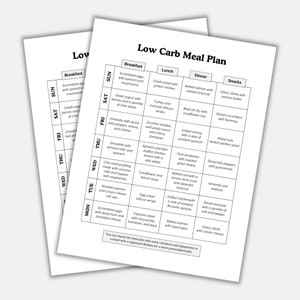 May include: A black and white printable low carb meal plan with a weekly schedule for breakfast, lunch, dinner, and snacks. The meal plan includes a variety of healthy and delicious options, such as scrambled eggs, Greek yogurt, salmon, and grilled chicken.