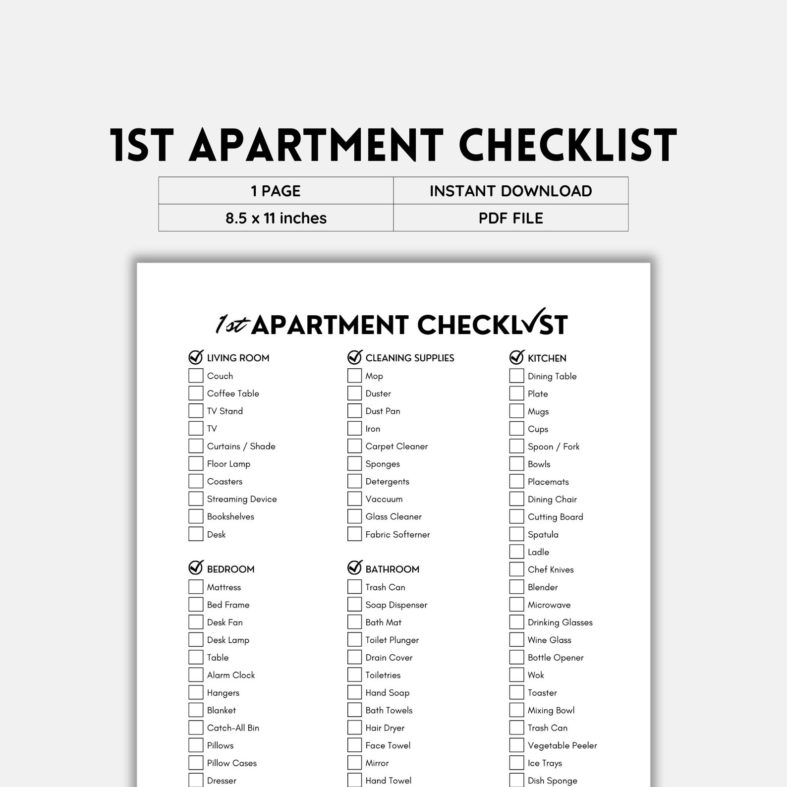 First Apartment Checklist, New Home Checklist, Moving Checklist