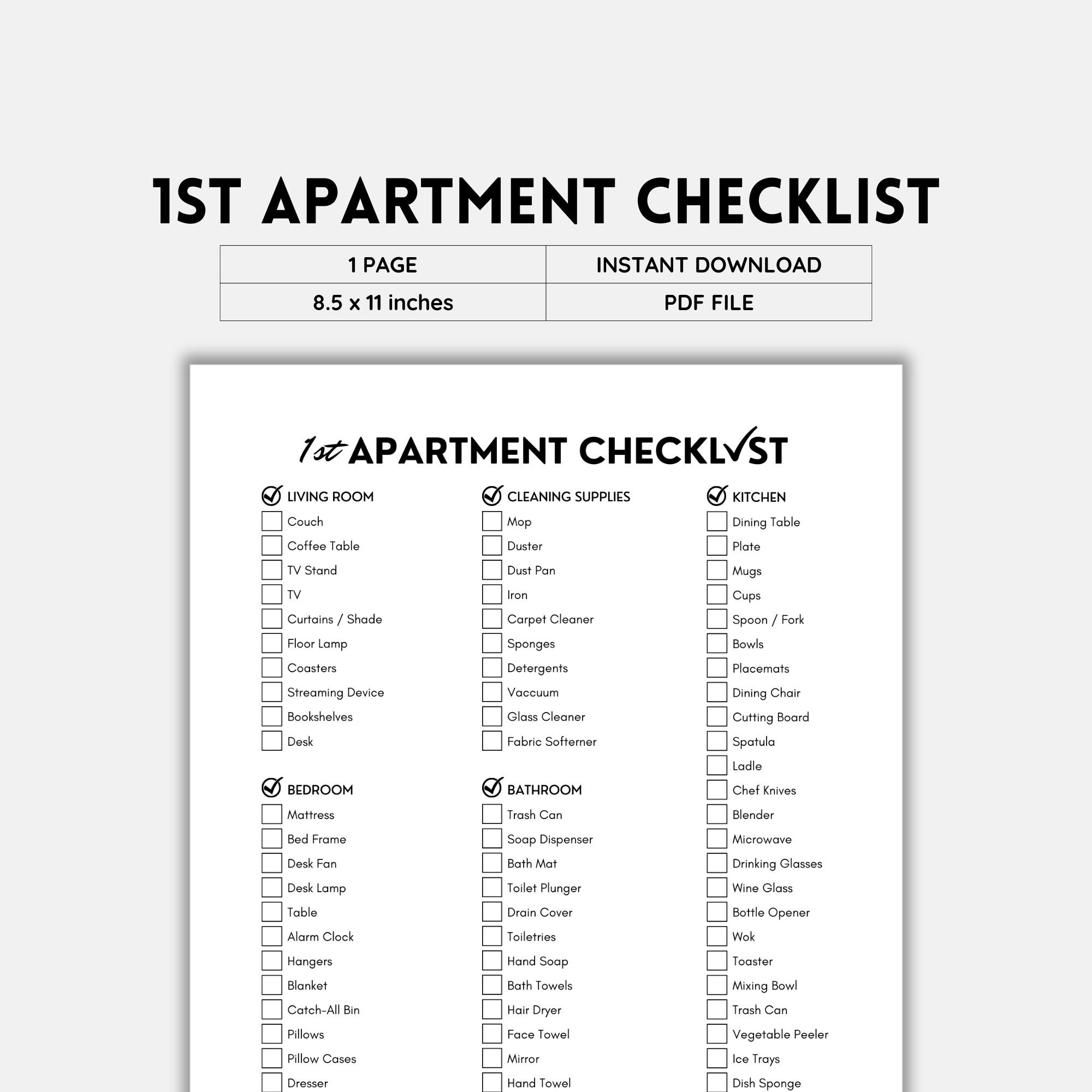 First Apartment Checklist, New Home Checklist, Moving Checklist, Apartment Essentials, First
