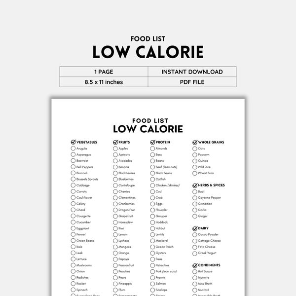 Low Calorie, Food List, Grocery List, Low Calorie Foods, Weight Loss Diet, Weight Management, Calorie Counting, Low Calorie Options PDF File