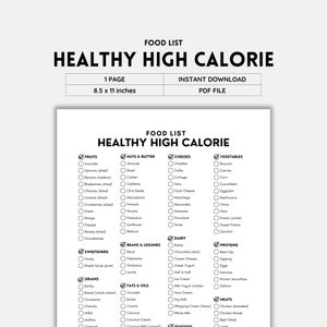 Healthy High Calorie Food List Printable | B&W PDF | Easy High-Calorie Meals for Weight Gain and Energy | Digital Download