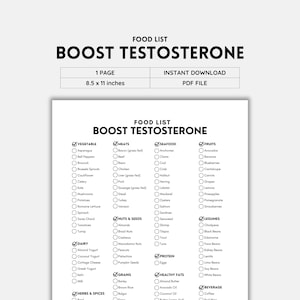 Puede incluir: Una lista de alimentos imprimible titulada "Boost Testosterone" con casillas de verificación junto a varios alimentos clasificados como verduras, carnes, mariscos, frutas, nueces y semillas, productos lácteos, granos, hierbas y especias, legumbres, proteínas, grasas saludables y bebidas. La lista está diseñada para ayudar a las personas a identificar los alimentos que pueden apoyar los niveles de testosterona.