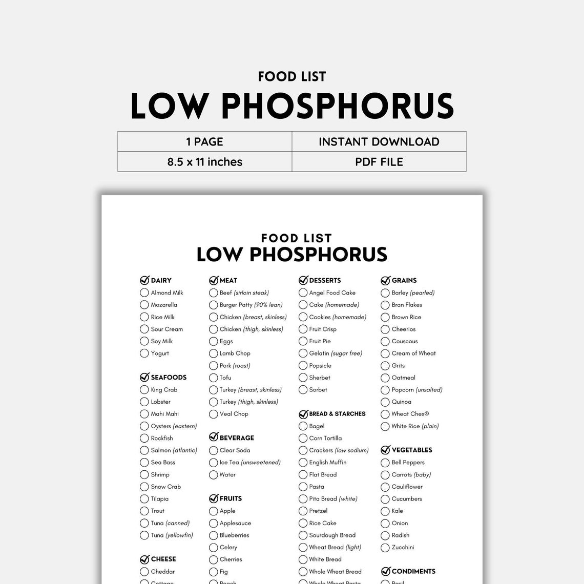 Low Phosphorus, Food List, Grocery List, Shopping List, Low Phosphorus
