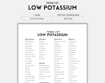 Bajo nivel de potasio, Lista de alimentos, Enfermedad renal, Dieta renal, Enfermedad crónica, Lista de la compra, Guía de alimentos, Lista imprimible, Diario de alimentos