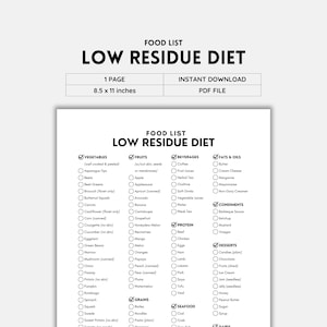 低残留食リスト（印刷可能）｜白黒PDF｜消化と敏感な胃のための簡単な低残留食｜デジタルダウンロード