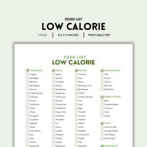 Low Calorie Food List Printable | Color PDF | Easy Weight Loss & Healthy Eating Foods Guide | Digital Download