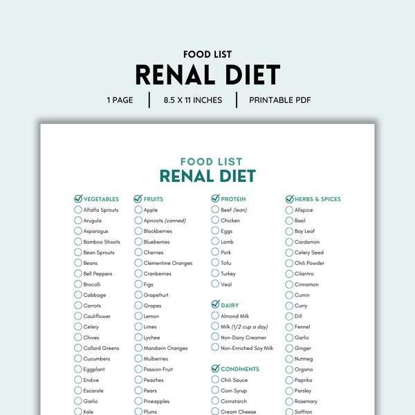 Renal Diet, Food List, Kidney Disease, Low Potassium Groceries, Renal Diet Meal Planning, Renal Diet Essentials, Kidney Nutrition, PDF File