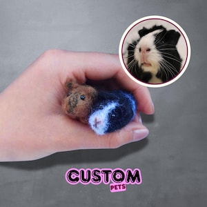 May include: Two miniature felted guinea pig figurines, one brown and one black and white, are held in a hand. A circular image of a guinea pig is in the upper right corner. The text "CUSTOM PETS" is at the bottom.