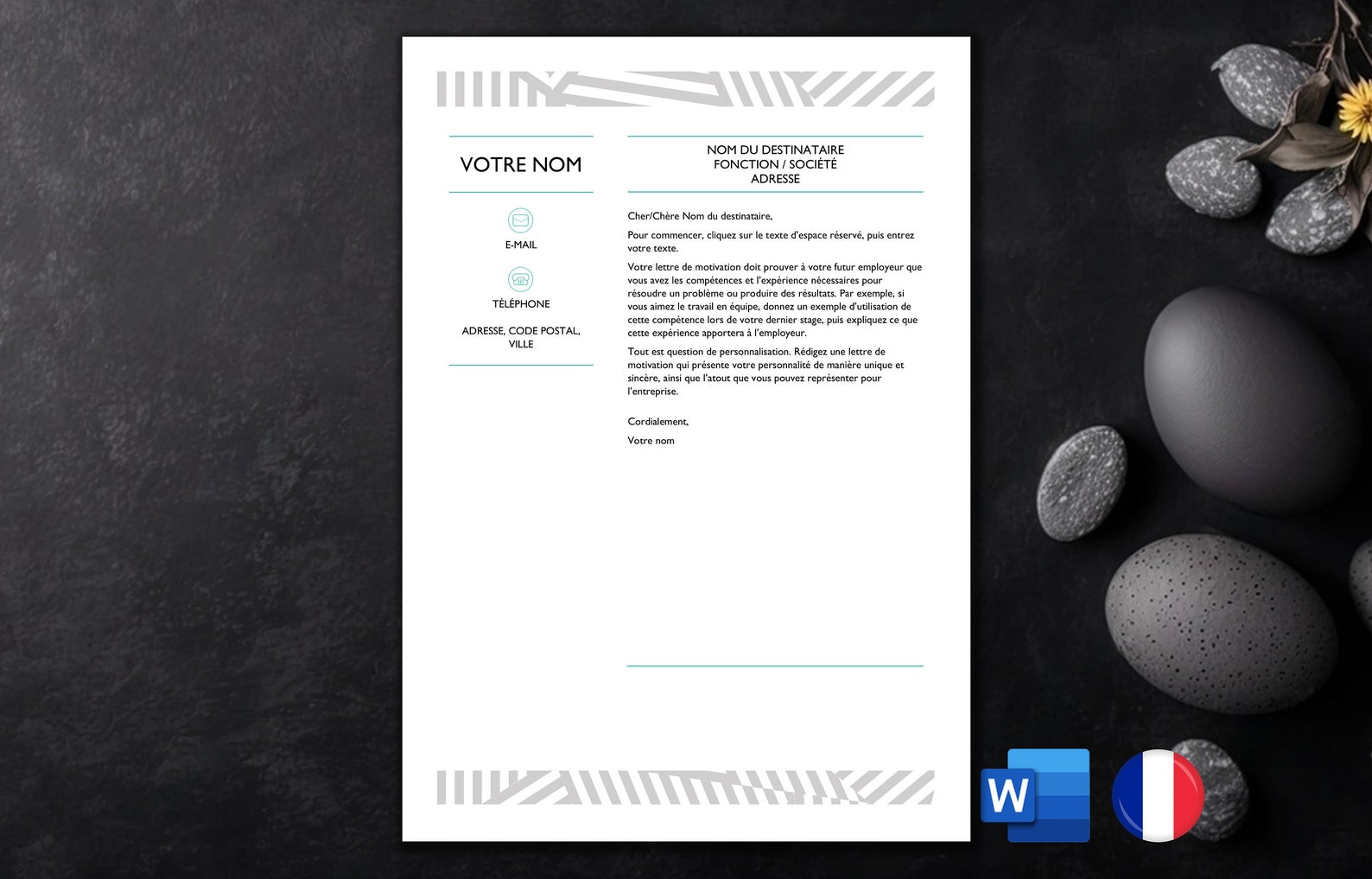 Modèle de CV et lettre de motivation sans photo pour Word (.docx ...