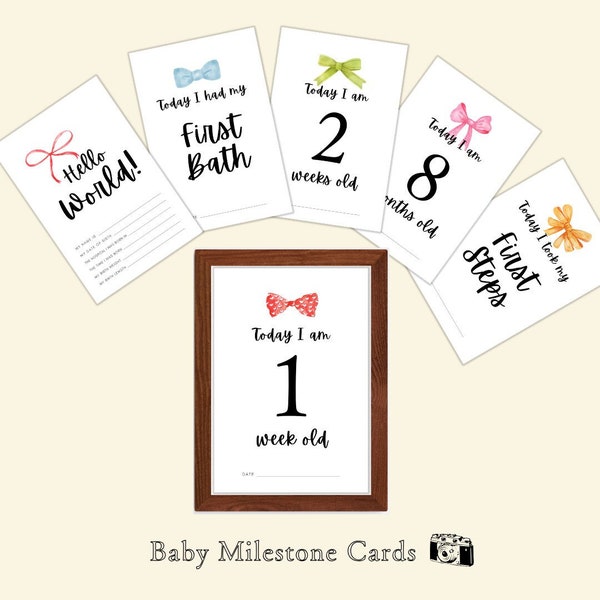 24 Baby Milestone Cards | Cute Ribbon Bow | Print your own milestone cards | Instant download | Baby shower | Monthly cards | Baby photo