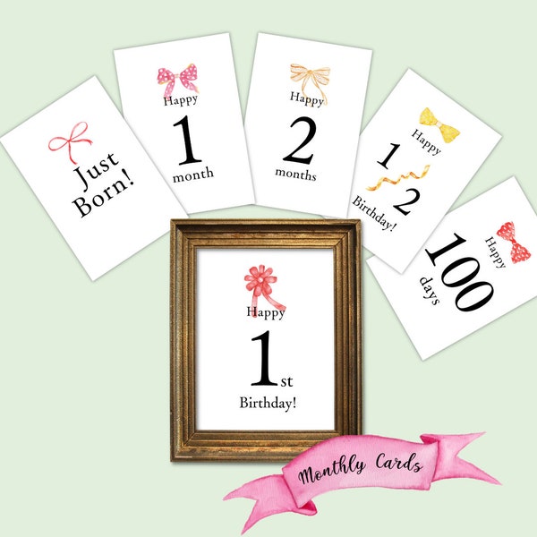 Baby Milestone Cards | Vintage Ribbon bow | Print your own milestone cards | Instant download | Baby shower | Monthly cards | Baby photo