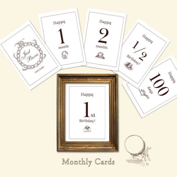 Baby Milestone Cards | Antique | Print your own milestone cards | Instant download | Baby shower | Monthly cards | Baby photo