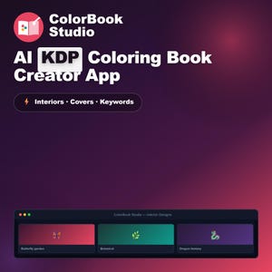 Puede incluir: Una interfaz digital para la aplicación ColorBook Studio AI KDP Coloring Book Creator. La pantalla muestra texto que incluye Interiors, Covers y Keywords, con un panel inferior que muestra las categorías de diseño: Butterfly garden, Botanical y Dragon fantasy.