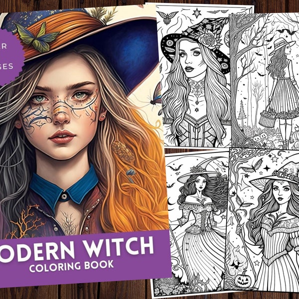 55 Modern Witches Coloring Pages | Printable Adult Coloring Pages | Download Grayscale Illustration | Printable PDF file