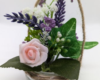 floral basket, silk slowers glass pot, place settings
