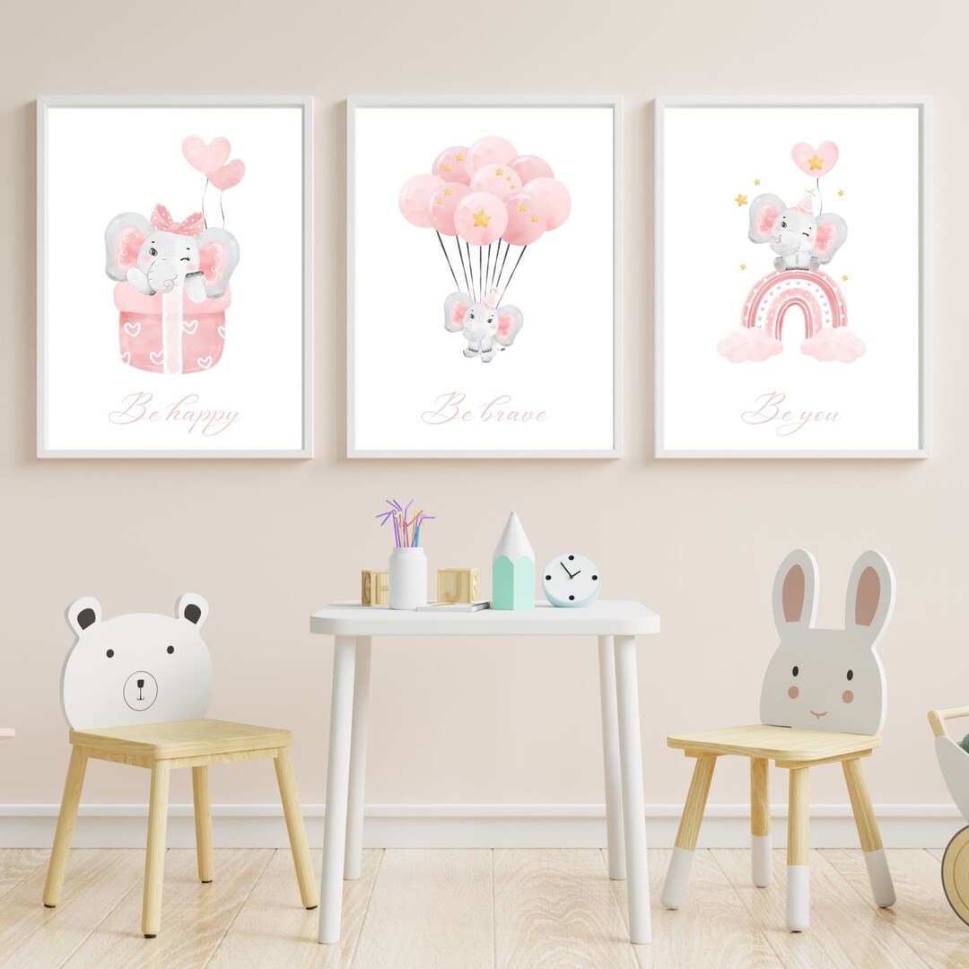Set of 3 Nursery Prints, Baby Elephant Nursery, Pink Nursery Deco ...