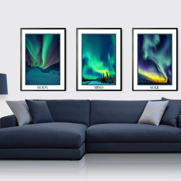 Northern Lights Wall Art, Body, Mind and Soul- Set of 3 Art Pieces, Aurora borealis, Landscape Wall Art, Digital Download, Serenity Wall Art