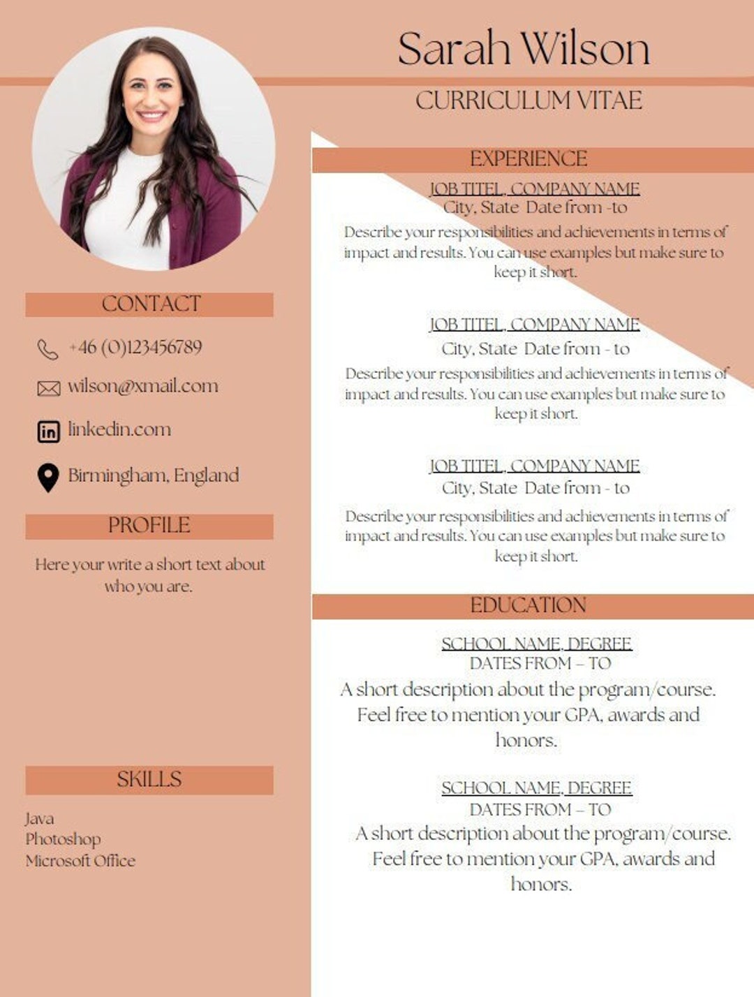 Modèle de CV modifier dans Canva gratuitement avec photo Etsy France