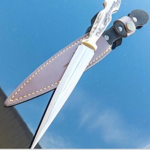 Personalized Stag Antler Handle Knife, Handmade Hunting Knife With Leather Sheath, Athame Knife Gifts For Boyfriend, Fairbairn Sykes Knife image 9