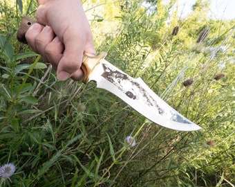 Handmade Bowie Knife, Wolf Laser Engraved Hunting Knife, Root Walnut Handle, Custom Collectible Gift with Leather Sheath, Full Tang Knife