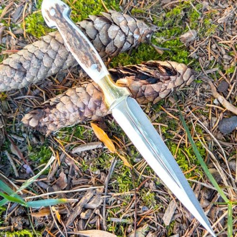 Personalized Stag Antler Handle Knife, Handmade Hunting Knife With Leather Sheath, Athame Knife Gifts For Boyfriend, Fairbairn Sykes Knife image 7