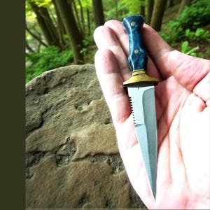 Handmade Steel Fairbairn Sykes Knife, Blue Resin Handle, Leather Sheath, Collectible Outdoor Tool image 10
