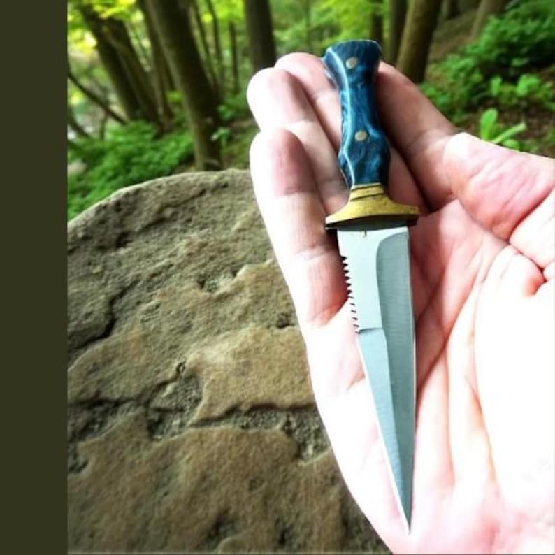 Handmade Steel Fairbairn Sykes Knife, Blue Resin Handle, Leather Sheath, Collectible Outdoor Tool image 10