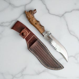 Wolf Head Handle Bowie Knife, Personalized Gift, Handmade Full Tang Stainless Steel Blade, Outdoor Camping Knife with Leather Sheath
