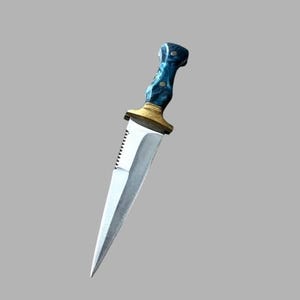 Handmade Steel Fairbairn Sykes Knife, Blue Resin Handle, Leather Sheath, Collectible Outdoor Tool image 8