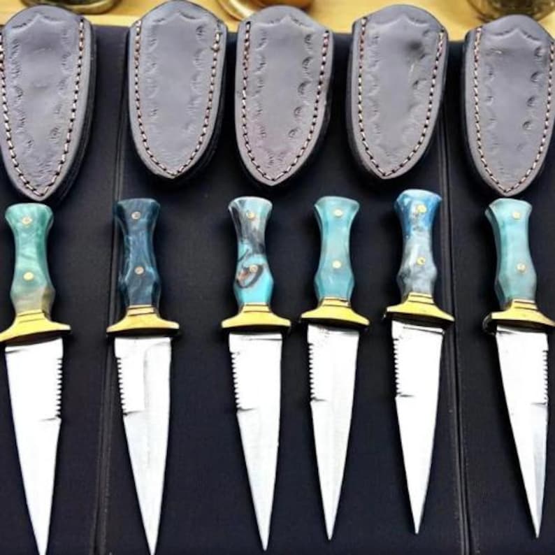 Handmade Steel Fairbairn Sykes Knife, Blue Resin Handle, Leather Sheath, Collectible Outdoor Tool image 7