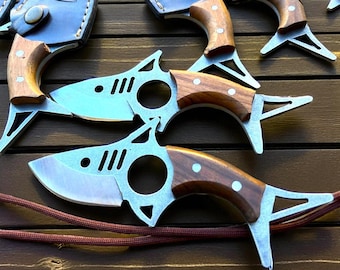 Handmade Shark Knife Pendant Necklace, Unique N690 Steel with Root Walnut Handle, Ocean Inspired Men’s Knife Jewelry, Rustic Survival Gift