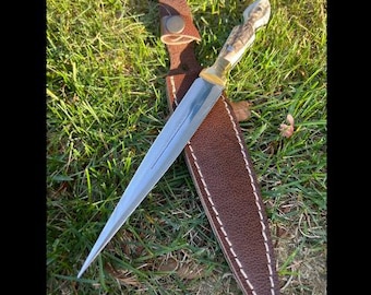 Hand Craftmanship Deer Antler Fairbairn-Sykes Style Knife, Fixed Blade with Leather Sheath, Double Edge Knife, Engraved Knife Gift