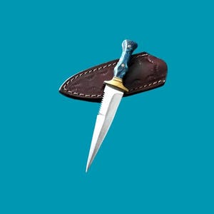 Handmade Steel Fairbairn Sykes Knife, Blue Resin Handle, Leather Sheath, Collectible Outdoor Tool image 6