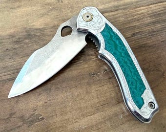 Handmade Pocket Knife, EDC Folding Knife, Hunting-Camping Knife, Aluminum and Epoxy Handle, Everyday Carry Gift for Men