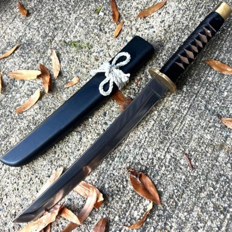 Handmade Katana Sword, 13"- 11.2" Tanto Style Samurai Sword, Quality German Steel Blade, Black Saya and Leather Tsuka, Collectible Gift image 5