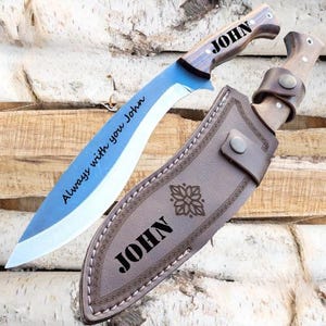 Handmade Gurkha Kukri Knife, Custom Engraved Machete Knife, Full Tang Blade, Root Walnut Handle and Carbon Steel, Everyday Carry Knife image 9