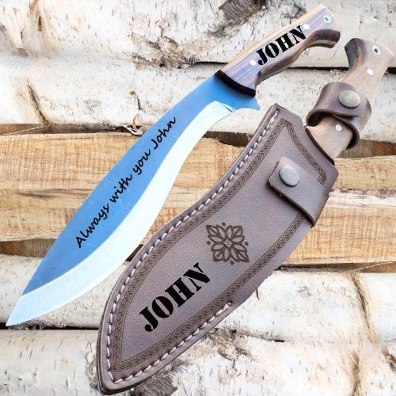 Handmade Gurkha Kukri Knife, Custom Engraved Machete Knife, Full Tang Blade, Root Walnut Handle and Carbon Steel, Everyday Carry Knife image 9
