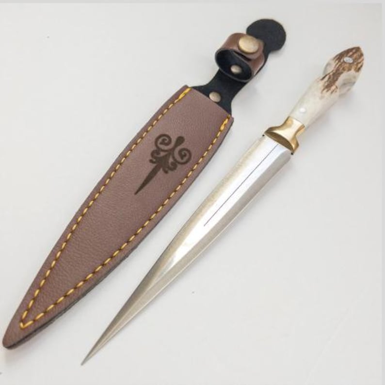 Personalized Stag Antler Handle Knife, Handmade Hunting Knife With Leather Sheath, Athame Knife Gifts For Boyfriend, Fairbairn Sykes Knife image 3