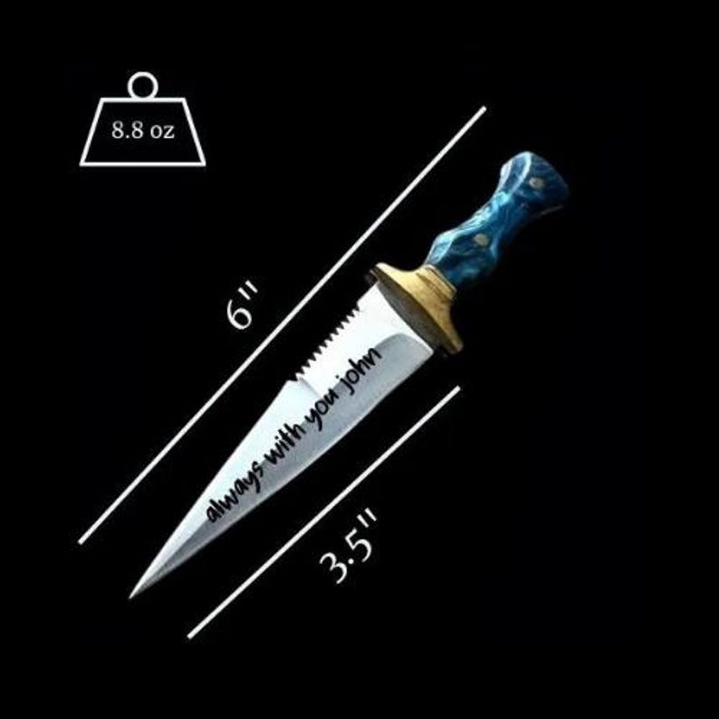 Handmade Steel Fairbairn Sykes Knife, Blue Resin Handle, Leather Sheath, Collectible Outdoor Tool image 11
