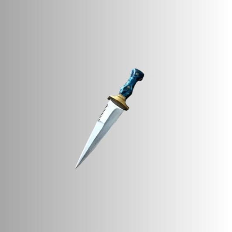 Handmade Steel Fairbairn Sykes Knife, Blue Resin Handle, Leather Sheath, Collectible Outdoor Tool image 3