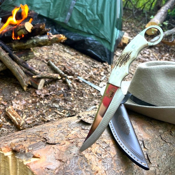 Premium Fixed Blade Karambit Knife with Leather Sheath -Deer Horn Handle Razor-Sharp Edge & Ergonomic Grip -  Everyday Use, and Collectors