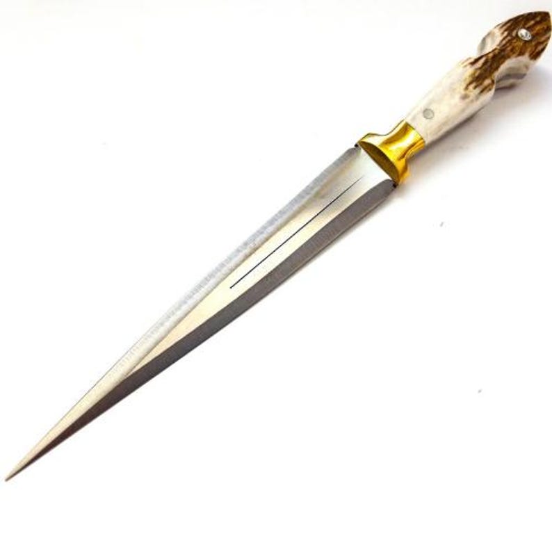 Personalized Stag Antler Handle Knife, Handmade Hunting Knife With Leather Sheath, Athame Knife Gifts For Boyfriend, Fairbairn Sykes Knife image 5