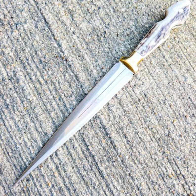 Personalized Stag Antler Handle Knife, Handmade Hunting Knife With Leather Sheath, Athame Knife Gifts For Boyfriend, Fairbairn Sykes Knife image 6