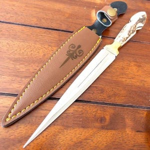 Personalized Stag Antler Handle Knife, Handmade Hunting Knife With Leather Sheath, Athame Knife Gifts For Boyfriend, Fairbairn Sykes Knife image 1