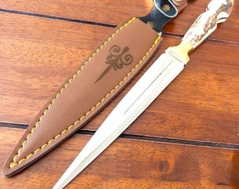 Personalized Stag Antler Handle Knife, Handmade Hunting Knife With Leather Sheath, Athame Knife Gifts For Boyfriend, Fairbairn Sykes Knife