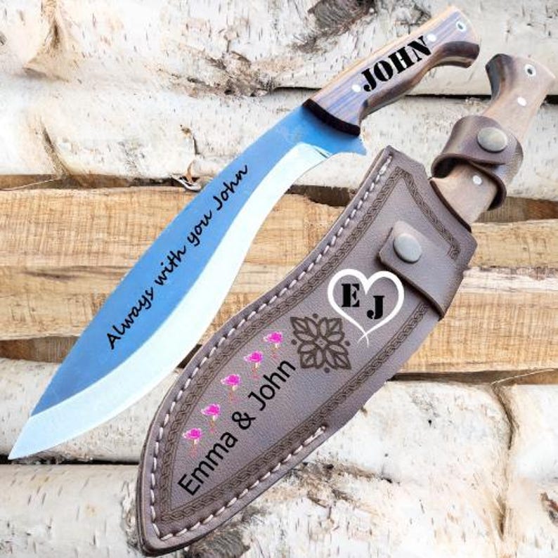 Handmade Gurkha Kukri Knife, Custom Engraved Machete Knife, Full Tang Blade, Root Walnut Handle and Carbon Steel, Everyday Carry Knife image 10