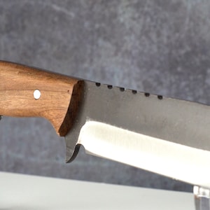 May include: A knife with a brown wooden handle and a silver blade. The blade has a serrated edge and a small notch near the handle.