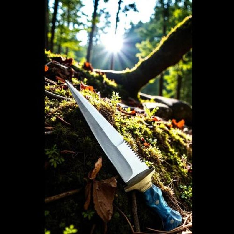 Handmade Steel Fairbairn Sykes Knife, Blue Resin Handle, Leather Sheath, Collectible Outdoor Tool image 9