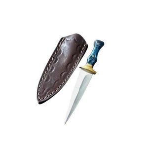 Handmade Steel Fairbairn Sykes Knife, Blue Resin Handle, Leather Sheath, Collectible Outdoor Tool image 2