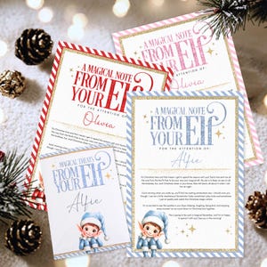 May include: Three rectangular cards with Christmas themes. Two cards feature red and white striped borders with red text reading A MAGICAL NOTE FROM YOUR ELF. One card has blue and white stripes with blue text reading MAGICAL TREATS FROM YOUR ELF.